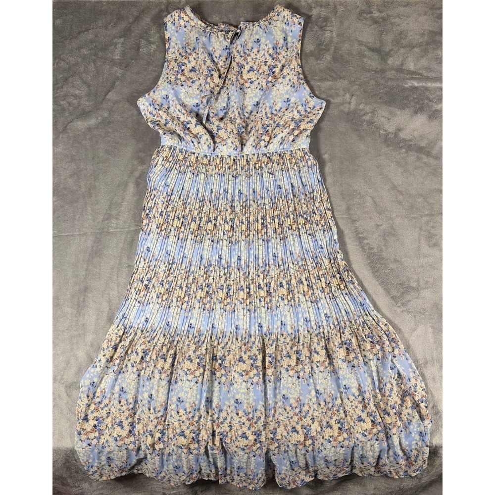 Maison Jules Blue Floral Pleated Maxi Dress Sleeveless XL Tie Back Boho Summer